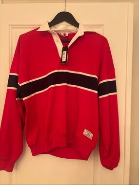 TNA Red V-Neck Rugby Sweater with White Collar and Navy Stripe